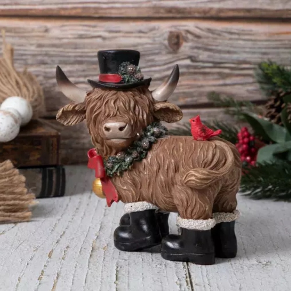Festive Highland Cow Figurine with top hat and Red Accents